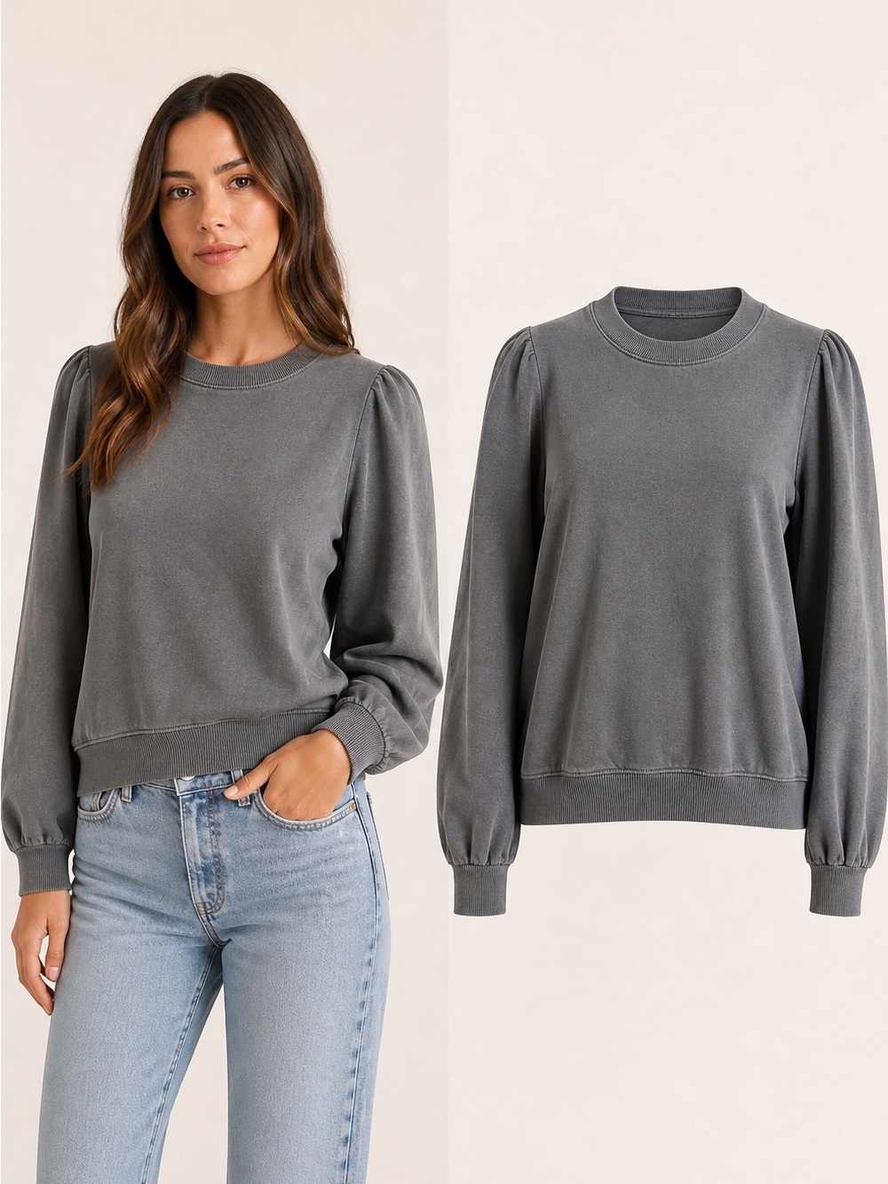 Z Supply Gray Cotton Puff Sleeve Crewneck Sweatshirt Women’s M